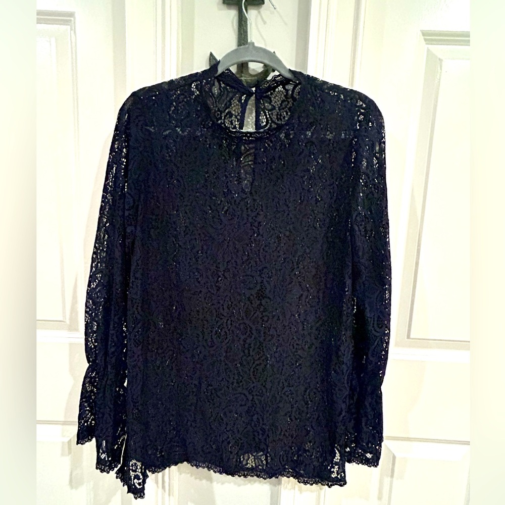 Zara Navy Lace Bell Sleeve Top Large